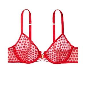 32DD Victoria Secret Sheer LUXE Starburst  Demi Underwire Bra Red Embroidery NWT